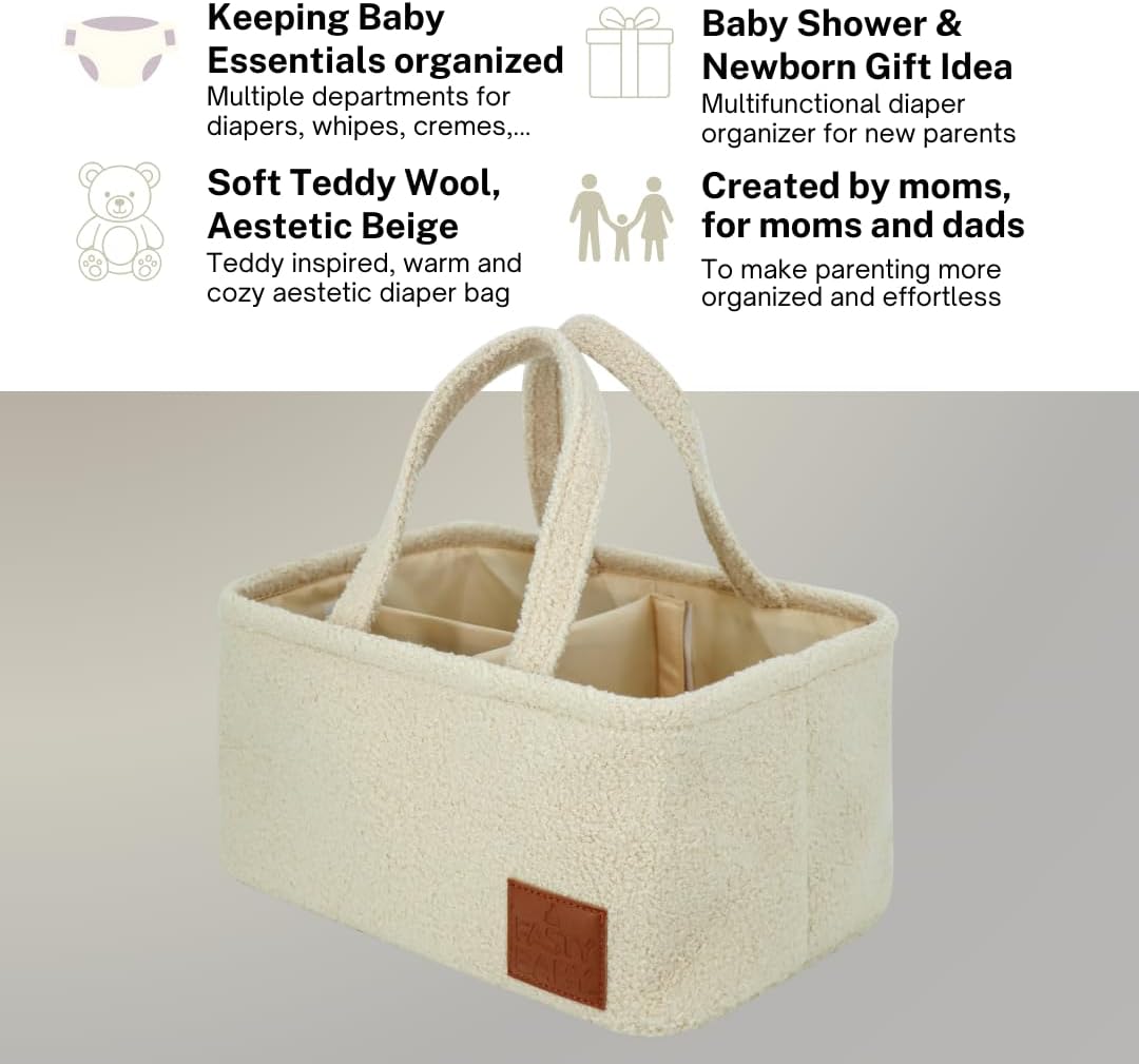 Baby Diaper Caddy Organizer: Soft Beige Teddy Wool - Portable Diaper Caddy, Car Organizer - Newborn Essentials Must Have - Nursery Storage Basket for Baby Essentials. Baby shower & Newborn Gift Idea