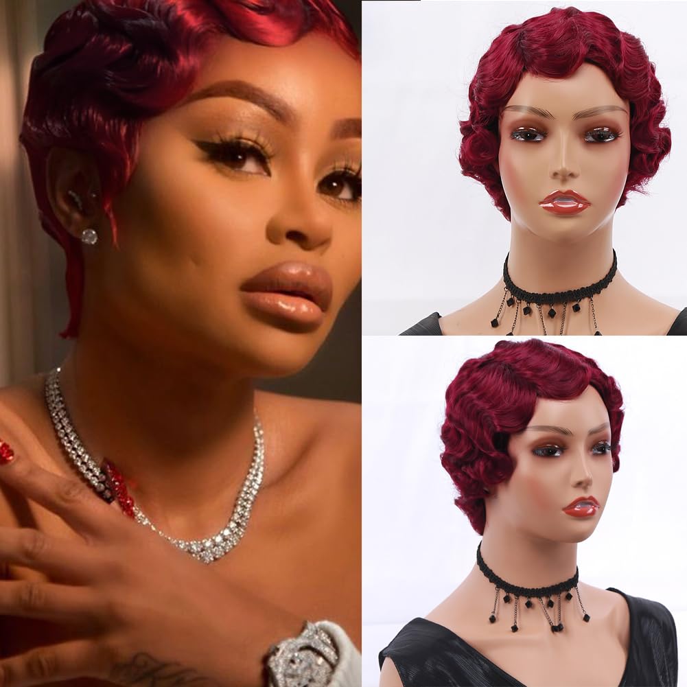 Burgundy Short Finger Wave Wig Pixie Cut Curly Wigs for Black Women Synthetic Hair for Women 1920s Cosplay Party Costume Natural Looking Vintage Wig for Halloween Party Daily
