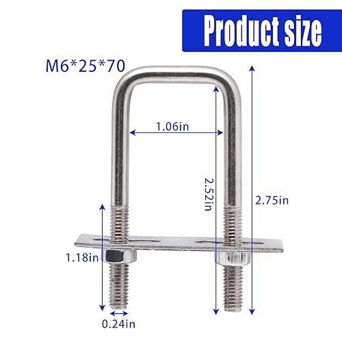 Miniatura 2 de Tornillos en U de 1 pulgada de ancho, 2.756 in de longitud, abrazaderas de tubo cuadrado de acero inoxidable M6 con tuerca y placa (juego de 6)