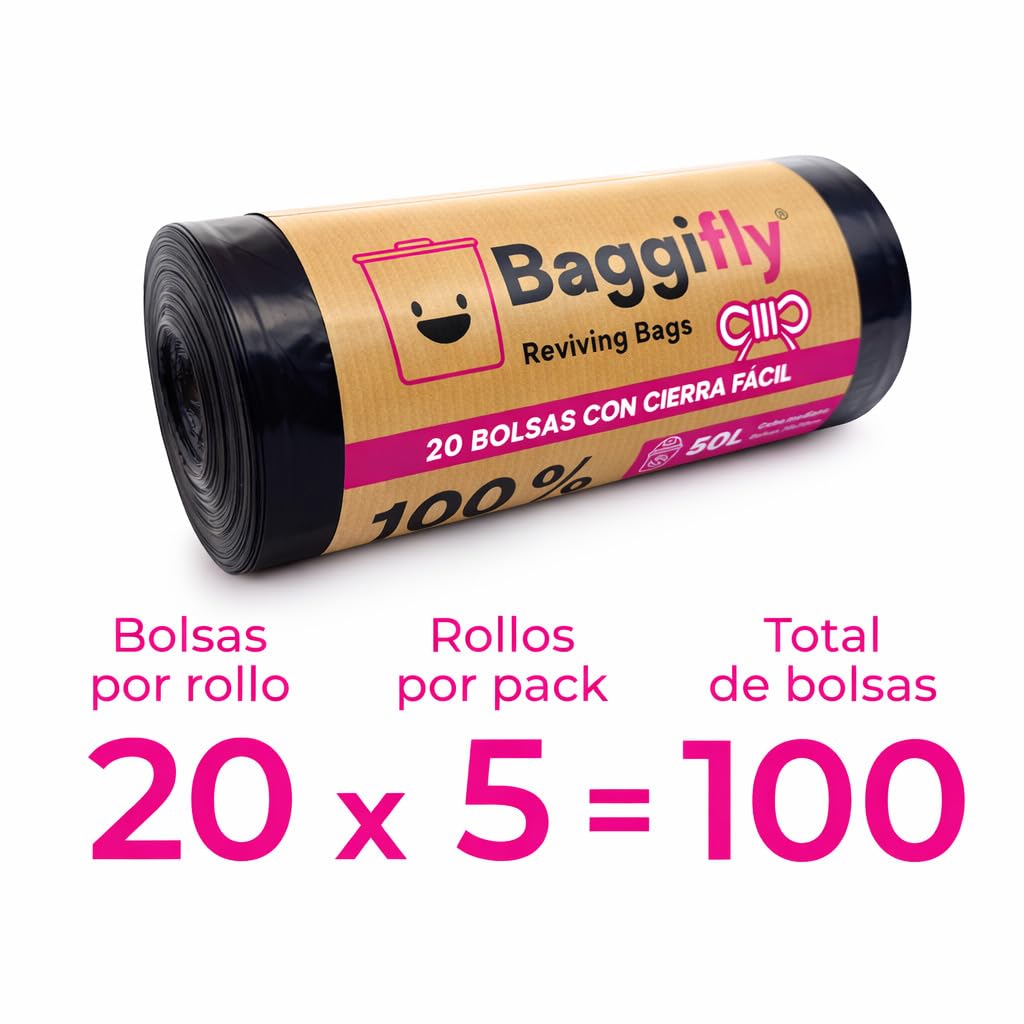 Baggifly, Bolsas de Basura 50L, 100 Bolsas Súper Resistentes, 100% Recicladas, Cierra Fácil, ECO Friendly, Hogar, Oficinas y Hostelería, Pack 5 x 20, Fabricado en España