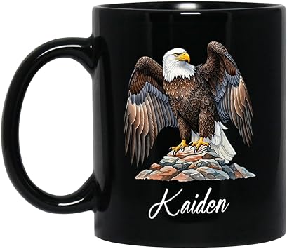 Personalized Eagle Coffee Cup with Name, Customized Eagle Bird Ceramic Mug, Black Cup 11oz or 15oz, Keepsake for Son Daughter Dad Mom, Birds Themed Travel Mug, Bird Breed Pottery Cups