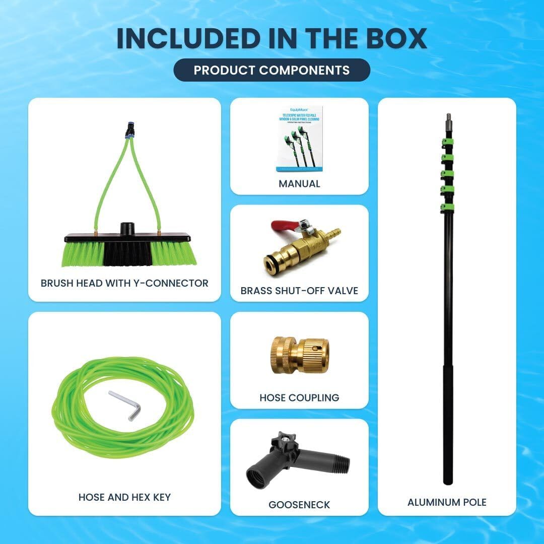 30 Feet Reach Solar Panel Cleaning Brush & Pole Water Fed Pole Kit, Window Cleaner Window Glass Solar Panel Cleaning System Washing Equipment Tool Solution Scrubber Brush & Hose Spray Washer