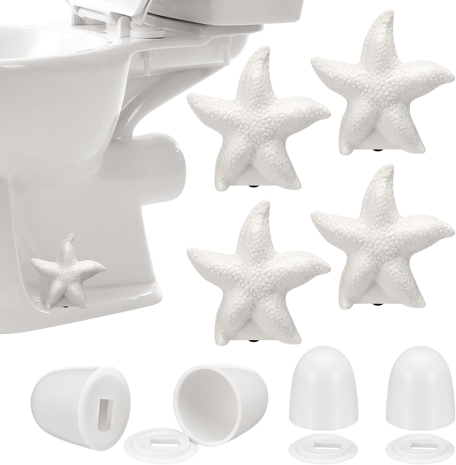 Lewtemi 4 Pack Starfish Ceramic Toilet Bolt Covers & 4 Pack Universal Toilet Bolt Caps for Bottom of Toilets Cute Decorative Toilets Screw Cover Caps for Home Bathroom Decor Avoid Rusting