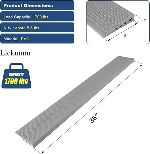 Miniatura 3 de LIEKUMM Rampa de umbral de PVC de 1 pulgada para puertas, capacidad de 1700 libras, rampa de transición para sillas de ruedas, cochecitos y