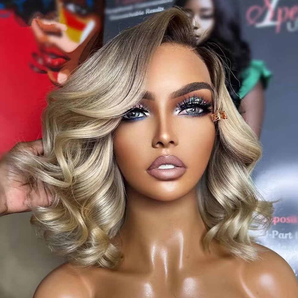 Ash Blonde Short Bob Wavy Human Hair Lace Front Wigs with Dark Root 150% Density Pre Plucked #613 Bob Body Wave HD Transparent Lace Frontal Human Hair Wigs Pre Plucked For Woman 8Inch