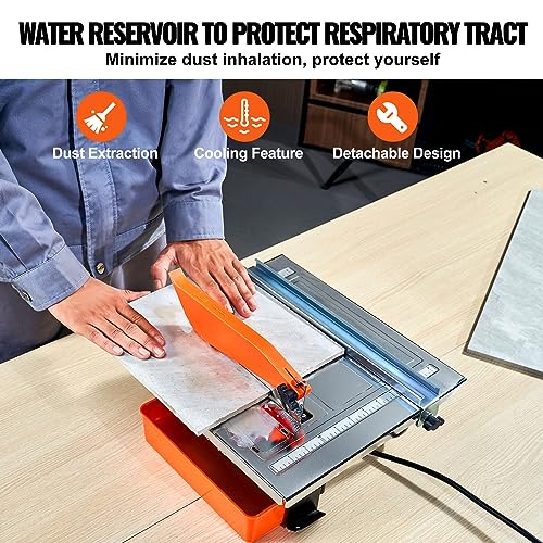 VEVOR Wet Tile Saw, 7-inch 65Mn Steel Blade, 3500 RPM Induction Motor, Tile Cutter Wet Saw with Water Reservoir, 0-45 Degrees Miter Angle for Cutting Tiles and Stones, for DIY Enthusiasts - Thumbnail 3