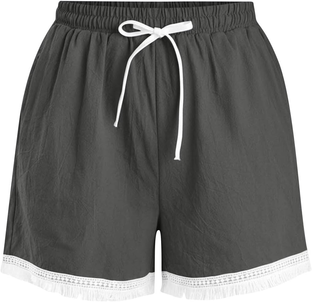 Cotton Linen Shorts for Women Boho Lace Trim Lounge Shorts Summer High Waisted Drawstring Beach Vacation Short Pants