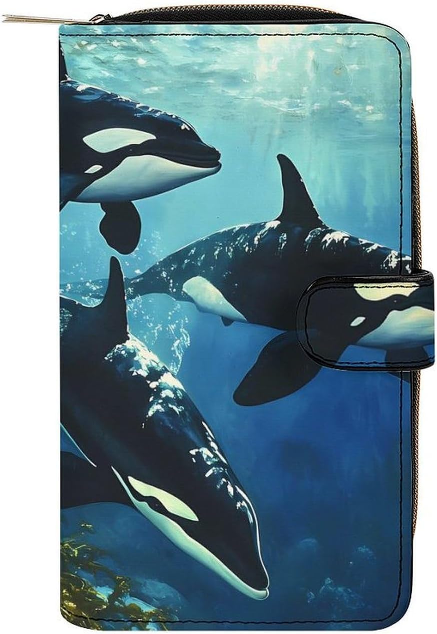 Killer Whales Swim Women's Long Wallet Leather Large Capacity Wristlet Clutch Purse Wallets