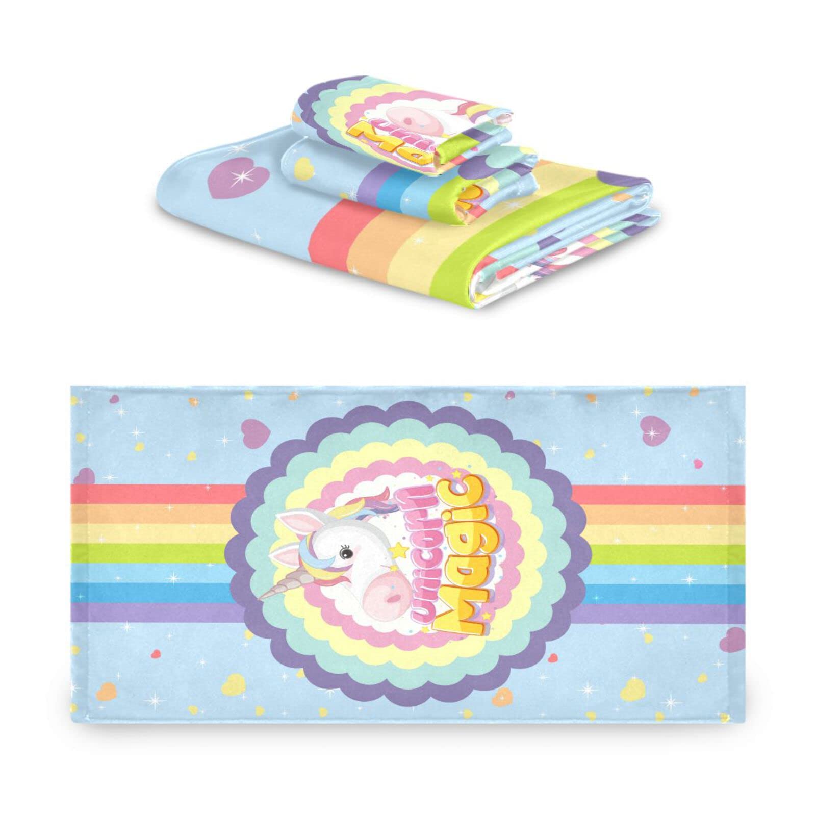 Arcoíris Unicornios Magia Lindas Juego de Toallas para Baño Playa 100% Algodón de Piscina Toalla (1 Toalla de Baño y 1 Toalla de Mano y 1 Paño de Lavado) para Nadar Hotel Niñas Niños Niños