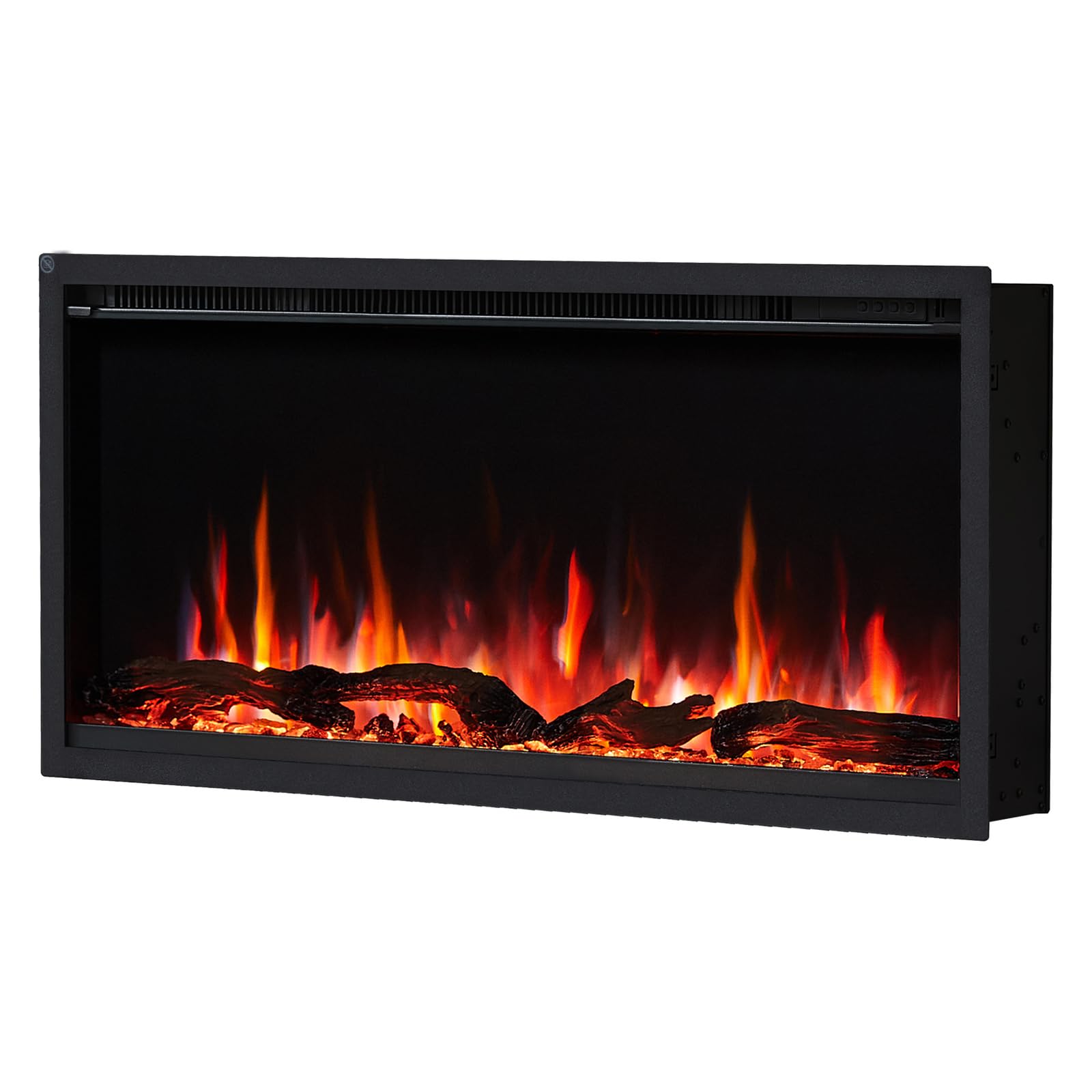 FLAMEKO 36 inch Media Wall Electric Fireplace, Slim Frame, Avena Black | 1.5kW Heater (750W/1500W), 9 Flame Colours, Logs & Crystals Included, Wall Mounted, Recessed or Freestanding, Remote Control