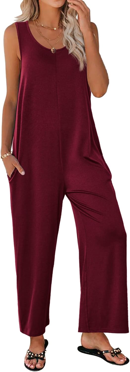Ekouaer Sleeveless Jumpsuits for Women Casual Summer Scoop Neck Tank Rompers Wide Leg Pants Overall Jumpers with Pockets