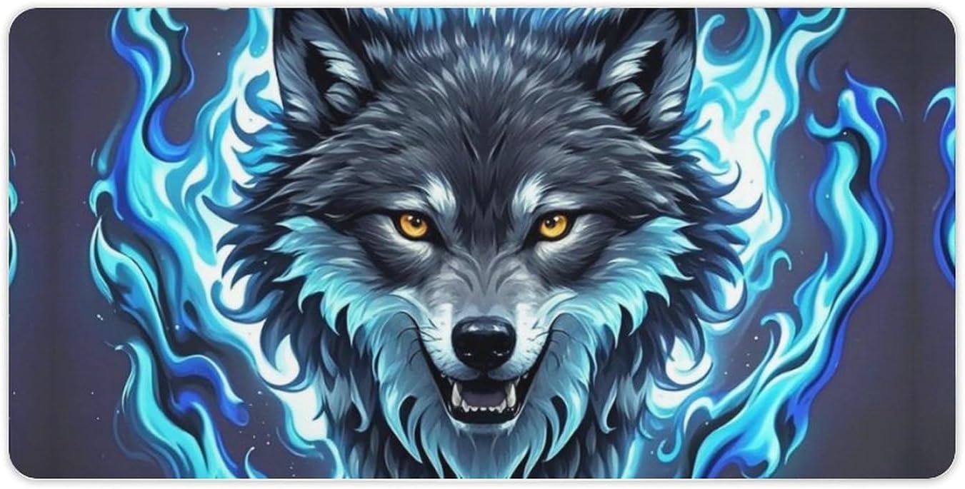 Wolf Head in Blue Flames Mouse Pad 24x12 in Large Computer Desk Mat