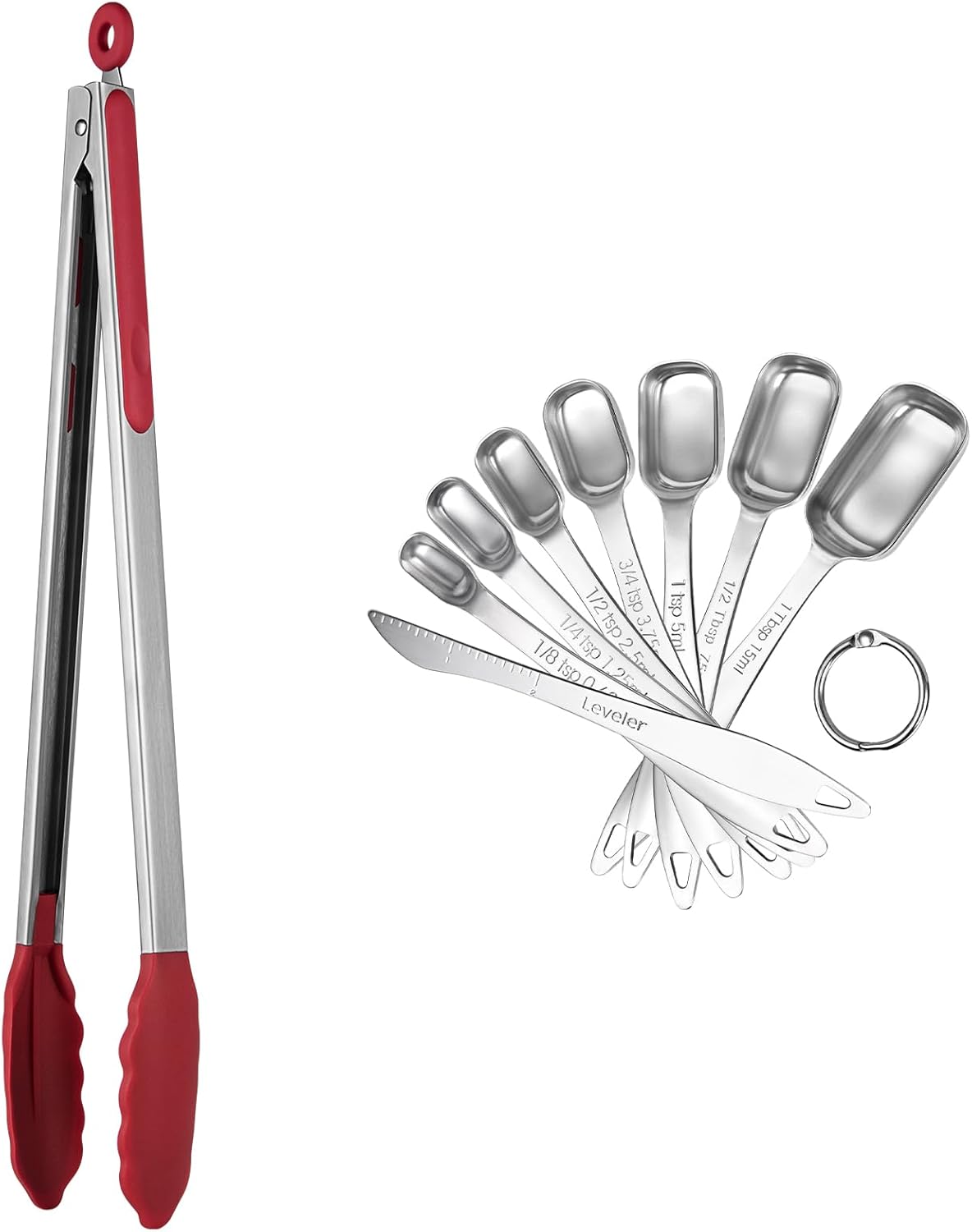U-Taste 600℉ Heat Resistant Food Grade Non Stick Firm Cooking Tongs (16 in+Silver), and 18/8 Stainless Steel Square Measuring Spoons Set of 8 (Red+Silver)