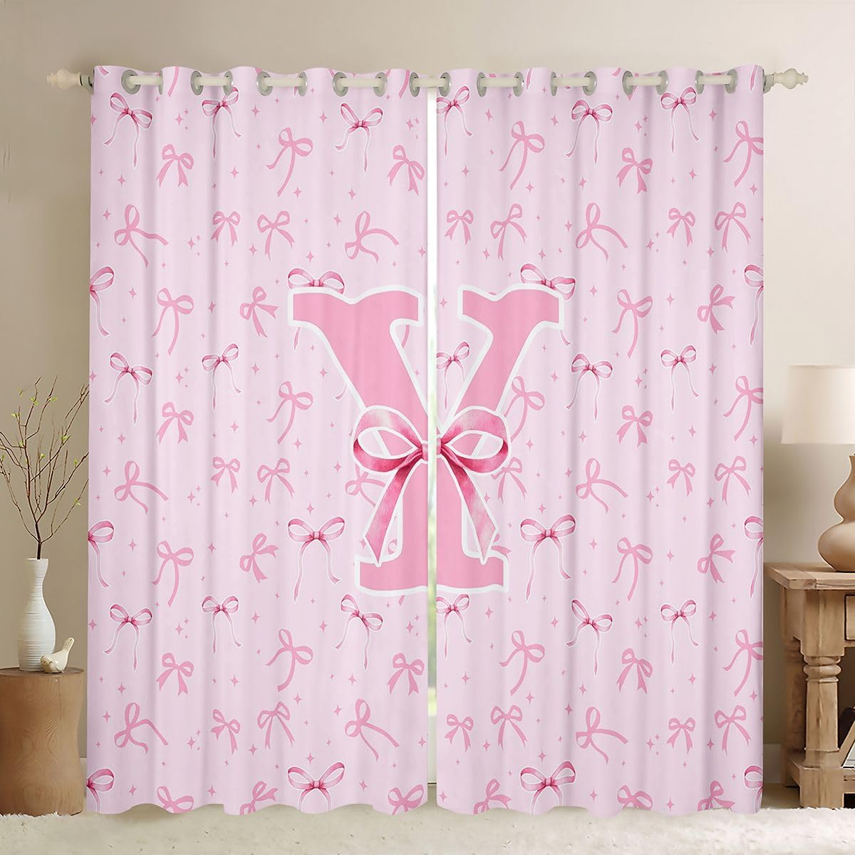 Feelyou Cute Pink Bow Curtains for Bedroom Living Room Monogrammed Blackout Shades Personalized Initial Y Room Darkening Curtain Kawaii Coquette Bowknot Window Treatments, 2 Panels 38 x 45 Inch Decor