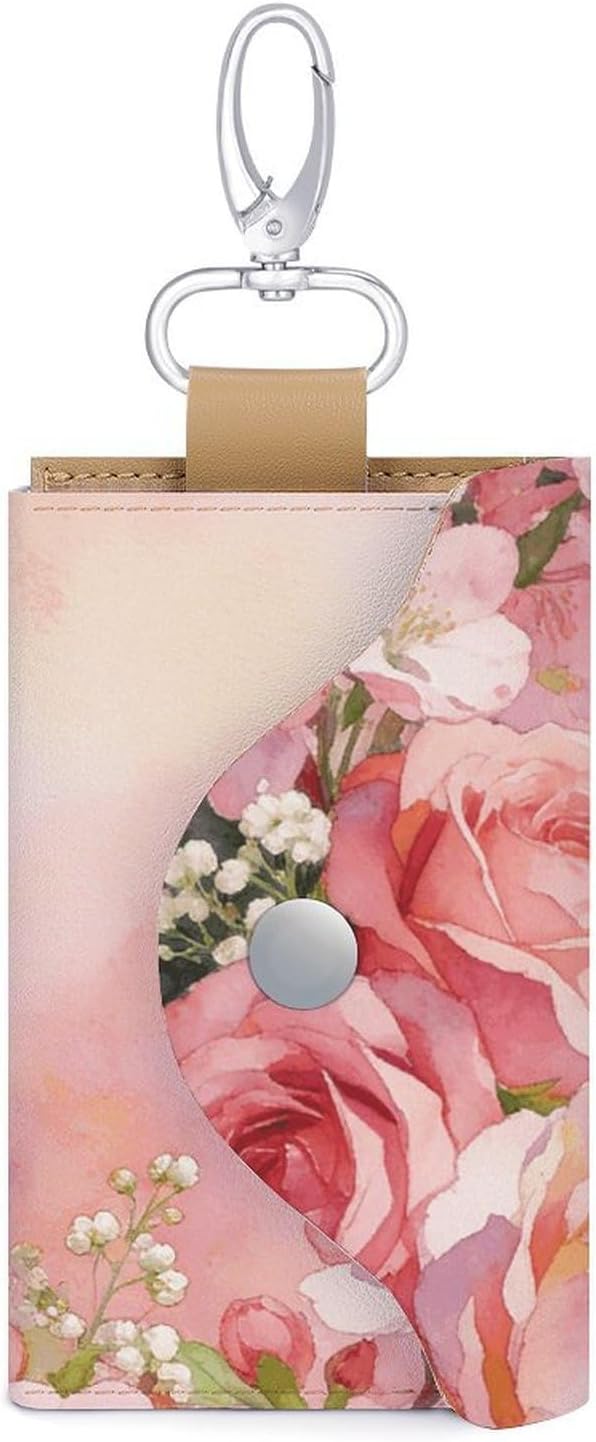 Pink Floral Key Pouch, PU Leather Key Holder, Personalized Snap Closure Key Bag with Card Slot & Coin Pocket, Portable Key Organizer for Car Keys House Keys, Men Women