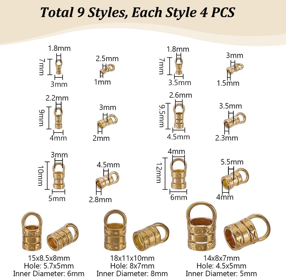PH PandaHall 36pcs 9 Sizes Brass Cord End Caps, Tassel Caps for 1~8mm Cords Leather Cord End Cap Jewelry Caps Tip for Dangle Earrings Bracelets Necklaces DIY Craft Making