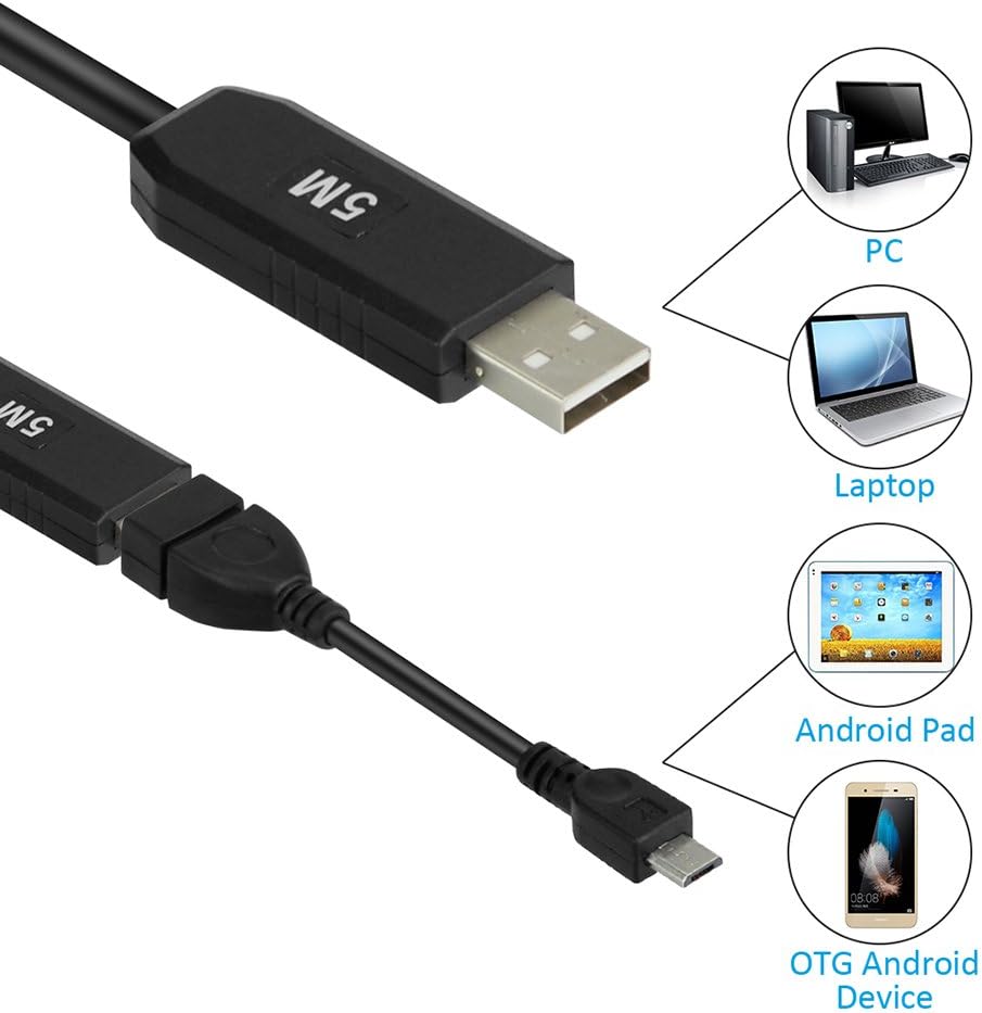 USB Endoscope,Inspection Camera Borescope 3 in 1 HD 2 MP CMOS Waterproof Snake Camera Pipe Drain with 6 Adjustable Led Light for Android,Computer,Smartphone,Samsung,Windows,Tablet,Pc-16.4 ft/5M