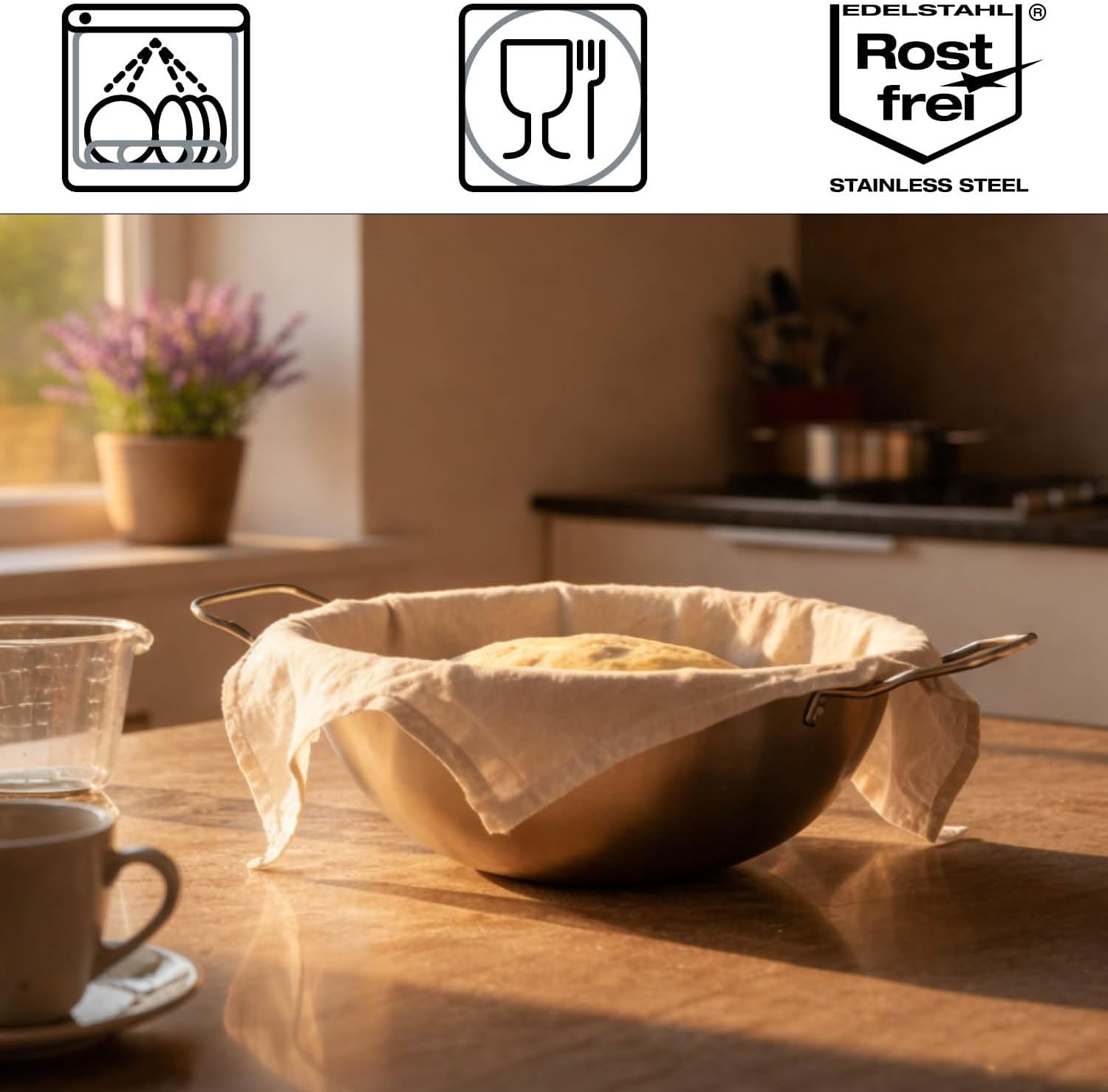 com-four Stainless Steel Mixing Bowl - Multifunctional Bowl for Baking, Dough, Whisking & Cooking - Heat Resistant, Dishwasher Safe & Durable (1 Piece - Ø 23 cm) image 4