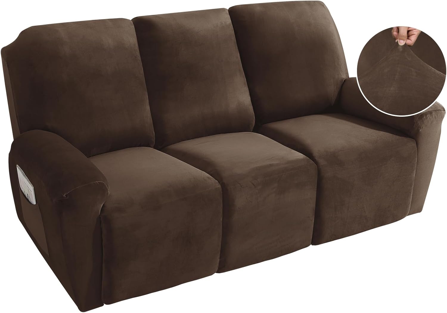 MAXIJIN 8 Pieces Recliner Sofa Covers, Stretch Velvet Reclining Couch Covers for 3 Cushion Furniture Covers, Thick, Soft, Washable Reclining Sofa Slipcovers (Sofa Recliner, Dark Coffee)