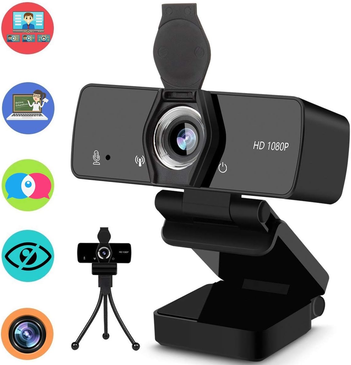 Burxoe Webcam with Microphone, 1080P HD Streaming Web Camera for Computer Desktop Laptop, USB PC Camera 110-Degree Wide Angle with Mic Privacy Cover Tripod for Conference, Video Calling, Study.