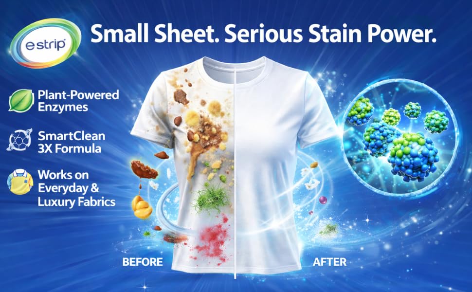 Image of eStrip SmartClean 3X Laundry Detergent Sheets - 30 Sheets, Ultra-Concentrated Eco-Friendly,Dissolves Instantly, Liquid & Pod Alternative, Works for Front & Top Load & Hand Wash, Tough Stain Removal