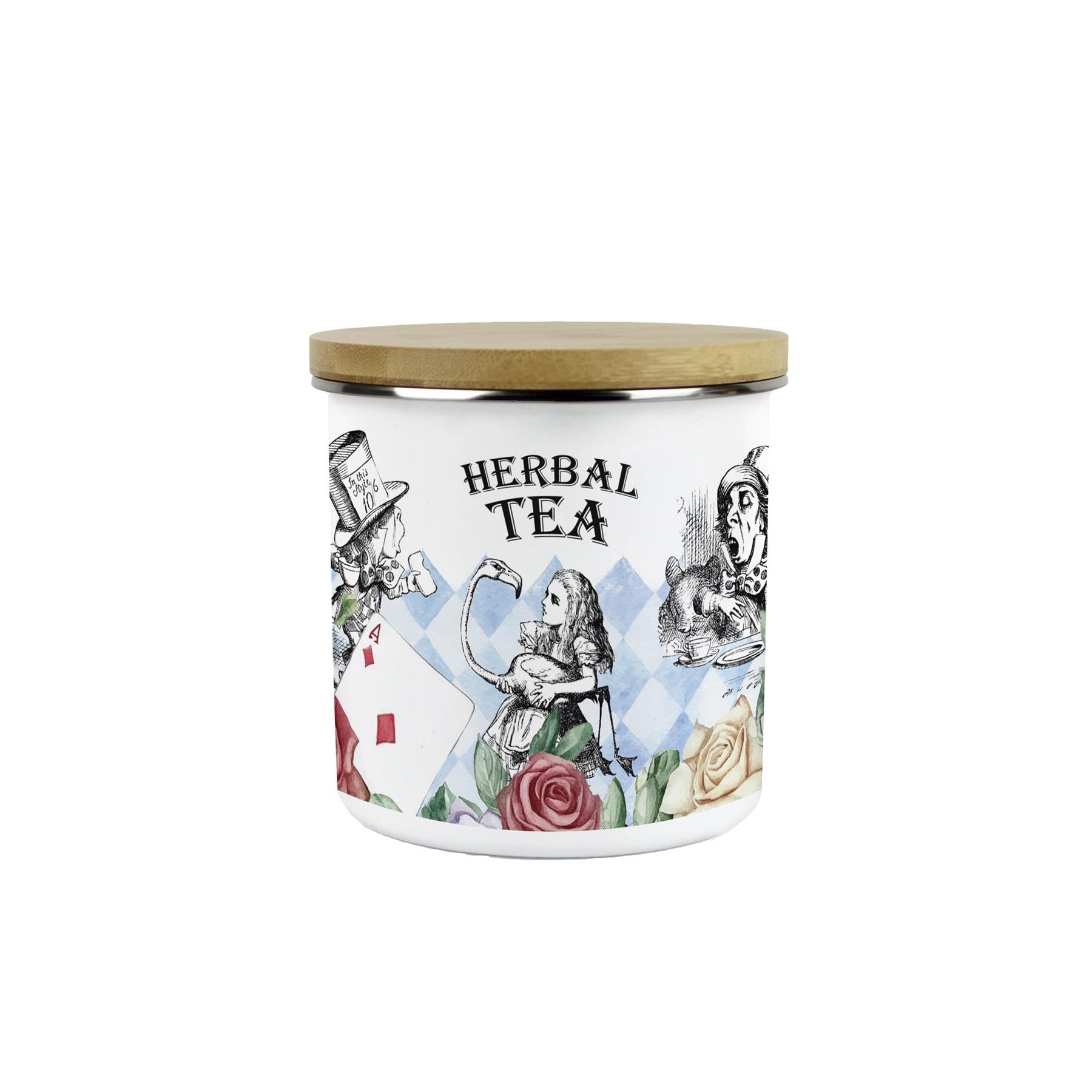 Purely Home Herbal Tea Alice's Adventures In Wonderland Canister - Cartoon Characters White Rabbit & Mad Hatter Kitchen Gifts - Medium Metal Enamel Container 600Ml