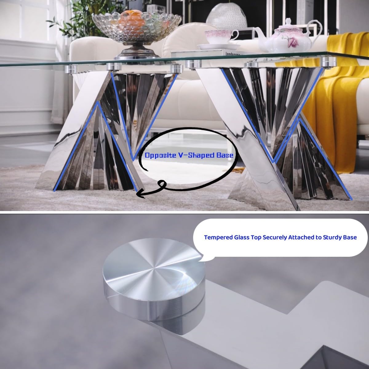 Modern Coffee Table, Clear Glass Living Room Coffee Table with Silver Geometric Base