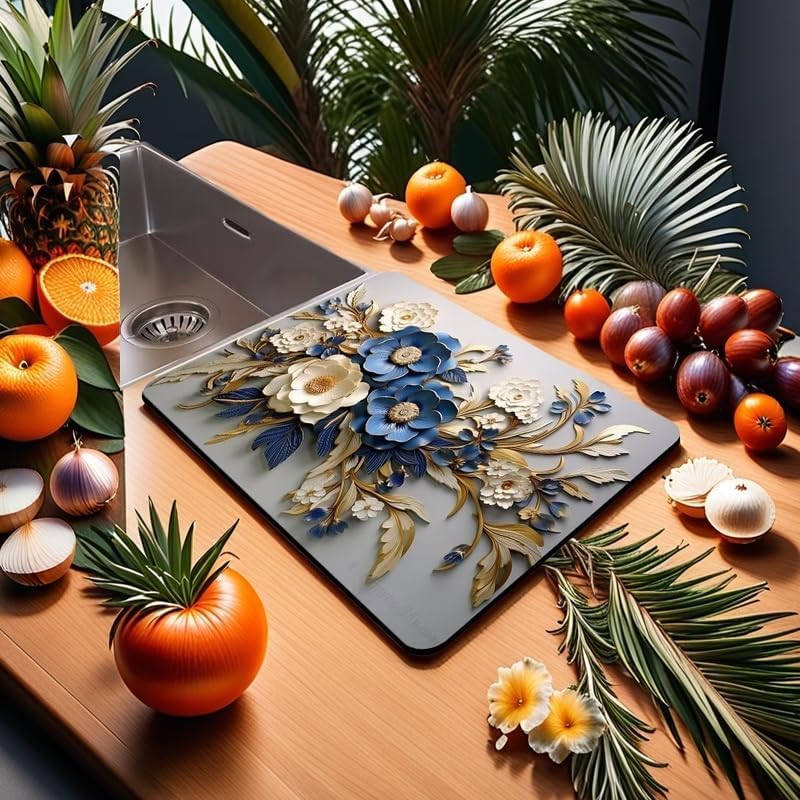 Mata do suszenia naczyń 3D – chłonna mata kuchenna z mikrofibry, ociekacz do naczyń, kwiatowy wzór na wiosnę i lato, 40 x 50 cm, idealna mata do szybkiego suszenia