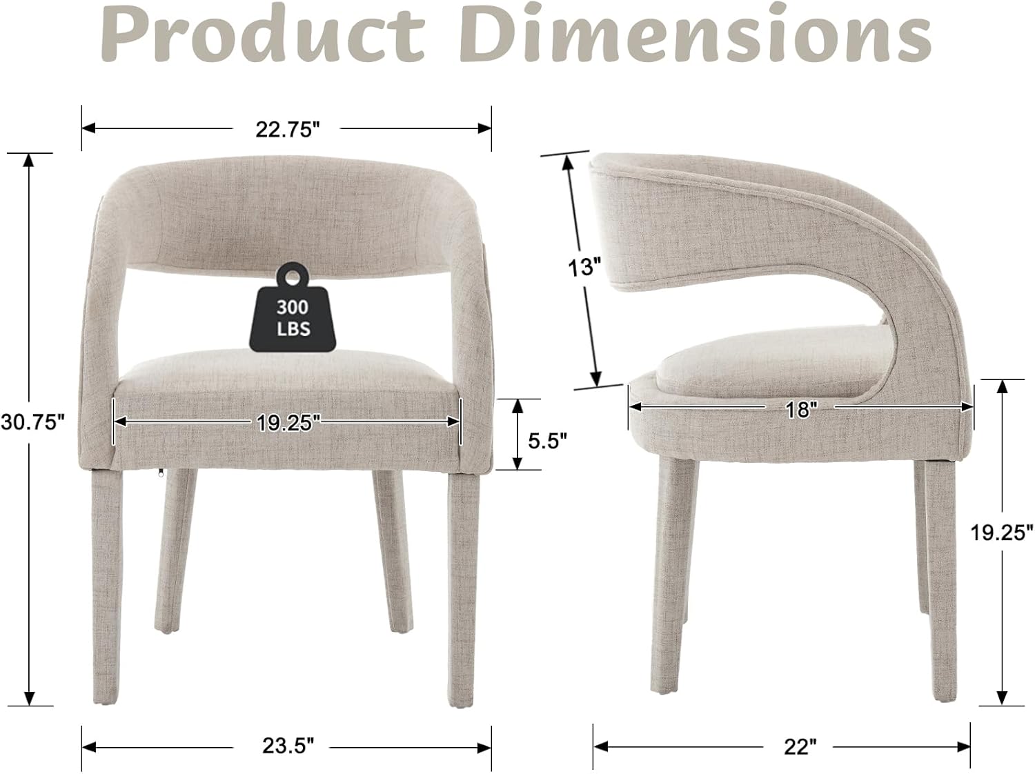 Beige Linen Upholstered Arm Chairs with Wood Legs, Set of 2