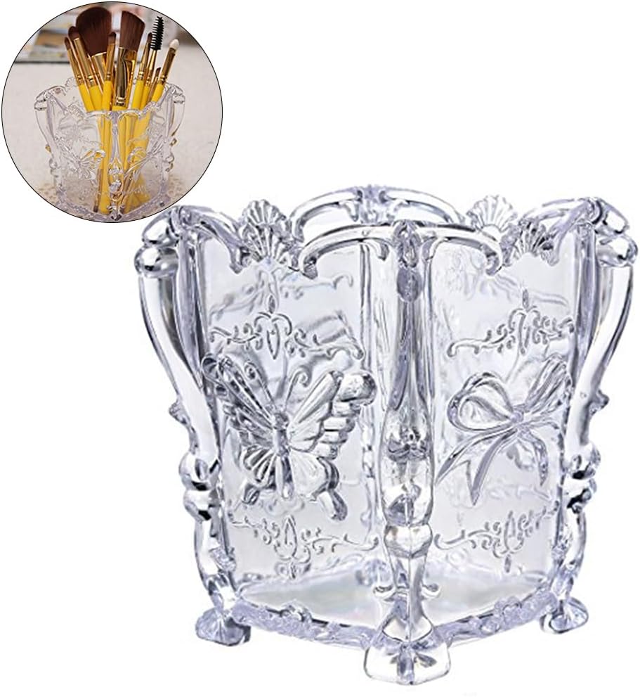 FRCOLOR Makeup Brush Pot Cosmetic Brush Pot Holder Acrylic Makeup Holder Carved Cosmetic Organizer for Storage