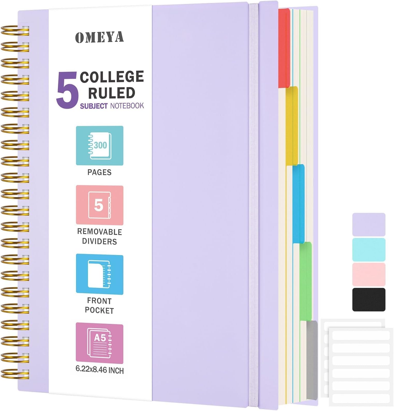 5 Subject Notebooks College Ruled, Spiral Lined Notebook with Removable Dividers, 300 Pages 100GSM Thick Spiral Writing Journal for Women & Men, Large A5 Notebooks for Work, School Supplies, 6" x 8"