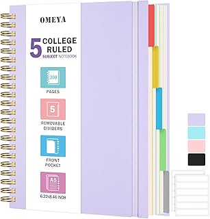 5 Subject Notebooks College Rulled, Spiral Lined Notebook with Removable Dividers, 300 Pages 100GSM Thick Spiral Writing J...