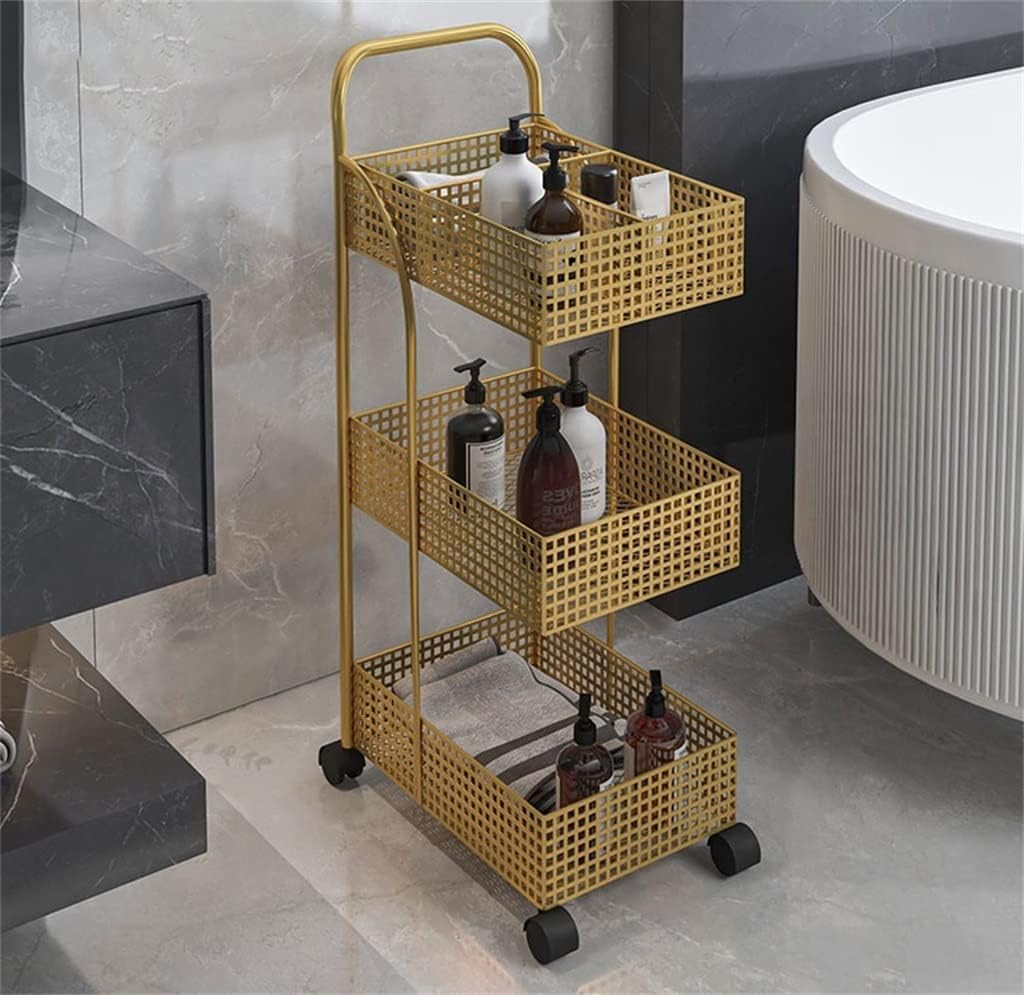 Iron Rack Bedroom Kitchen Metal Mobile Bathroom Storage Rack Wheeled Trolley Gold Kitchen Cart Kitchen Island (Color : 2)