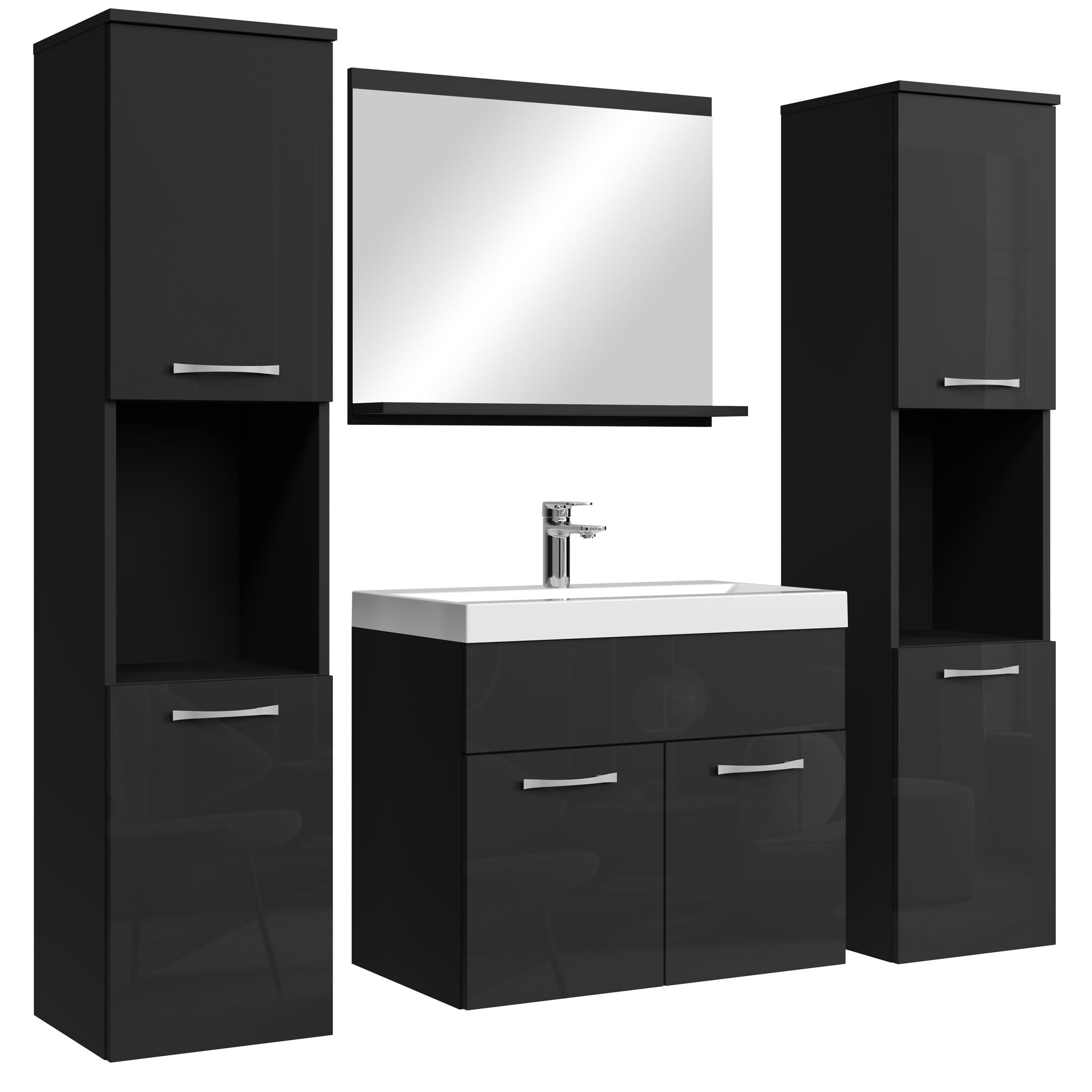 Badplaats B.V. Conjunto de Muebles de baño Montreal XL 60 x 35 cm - Negro Alto Brillo - Mueble de baño con Espejo y armarios Laterales