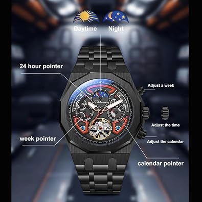 Men Sport Tourbillon Automatic Mechanical Watches Multifunction Dial Moon Phase Week Date Display Watch Stainless Steel Case Rubber Strap Luminous Watches