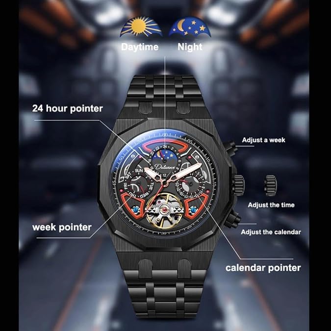 Men Sport Tourbillon Automatic Mechanical Watches Multifunction Dial Moon Phase Week Date Display Watch Stainless Steel Case Rubber Strap Luminous Watches