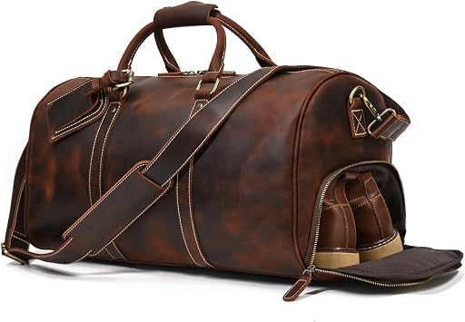 Full Grain Leather Travel Duffle Weekender Overnight Bag For Men | Shoe Pouch, Cabin Friendly Bags, Carry On Sports Gym Bag