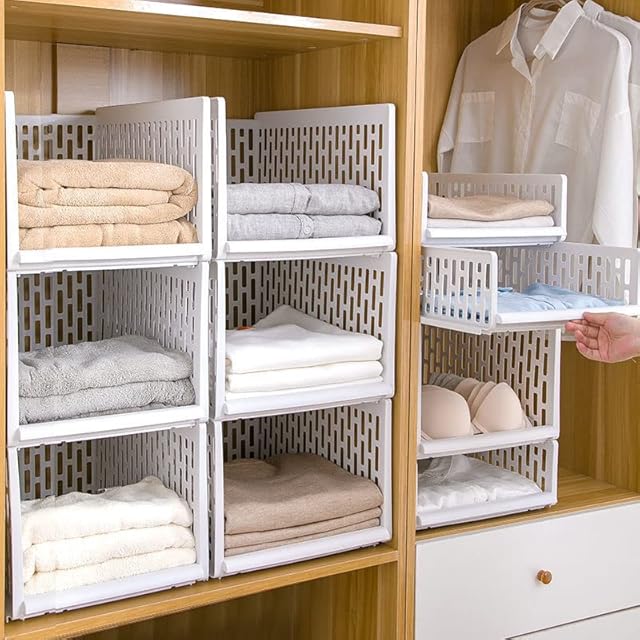 Wardrobe Storage Basket Stackable Pull Out Clothes Layered Drawers Suitable for Clothes Socks Bath Towels DIY Bedroom Closet Organizer (Low Board S)