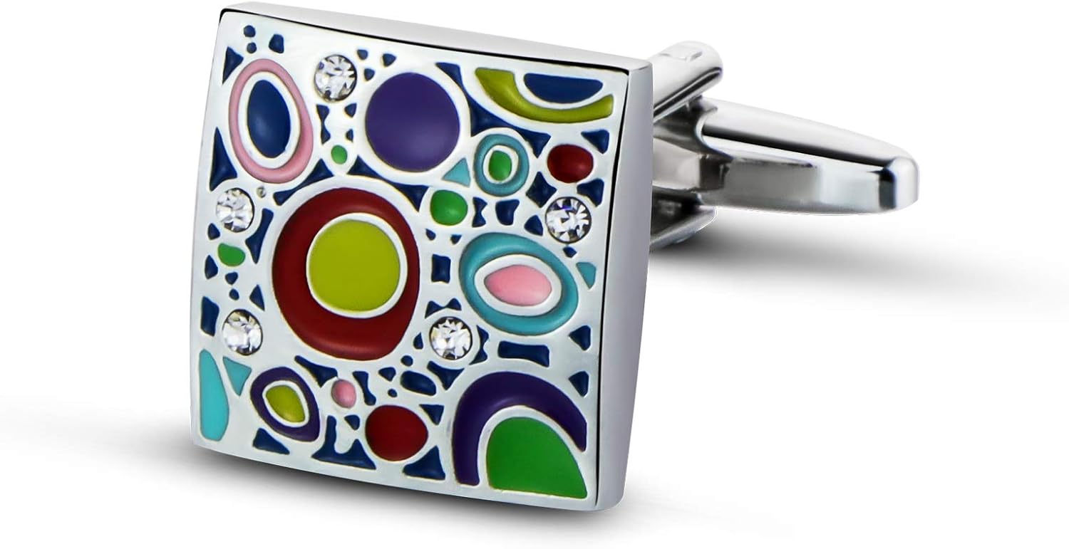 Silver Plated Cufflinks for Men Colorful Rainbow Crystal Cuff Links Wedding Gift