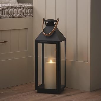Lights4fun Brixham Large Leather Handle Lantern with TruGlow® Candle, Decorative Indoor & Outdoor Lantern for Outdoor & Home Styling