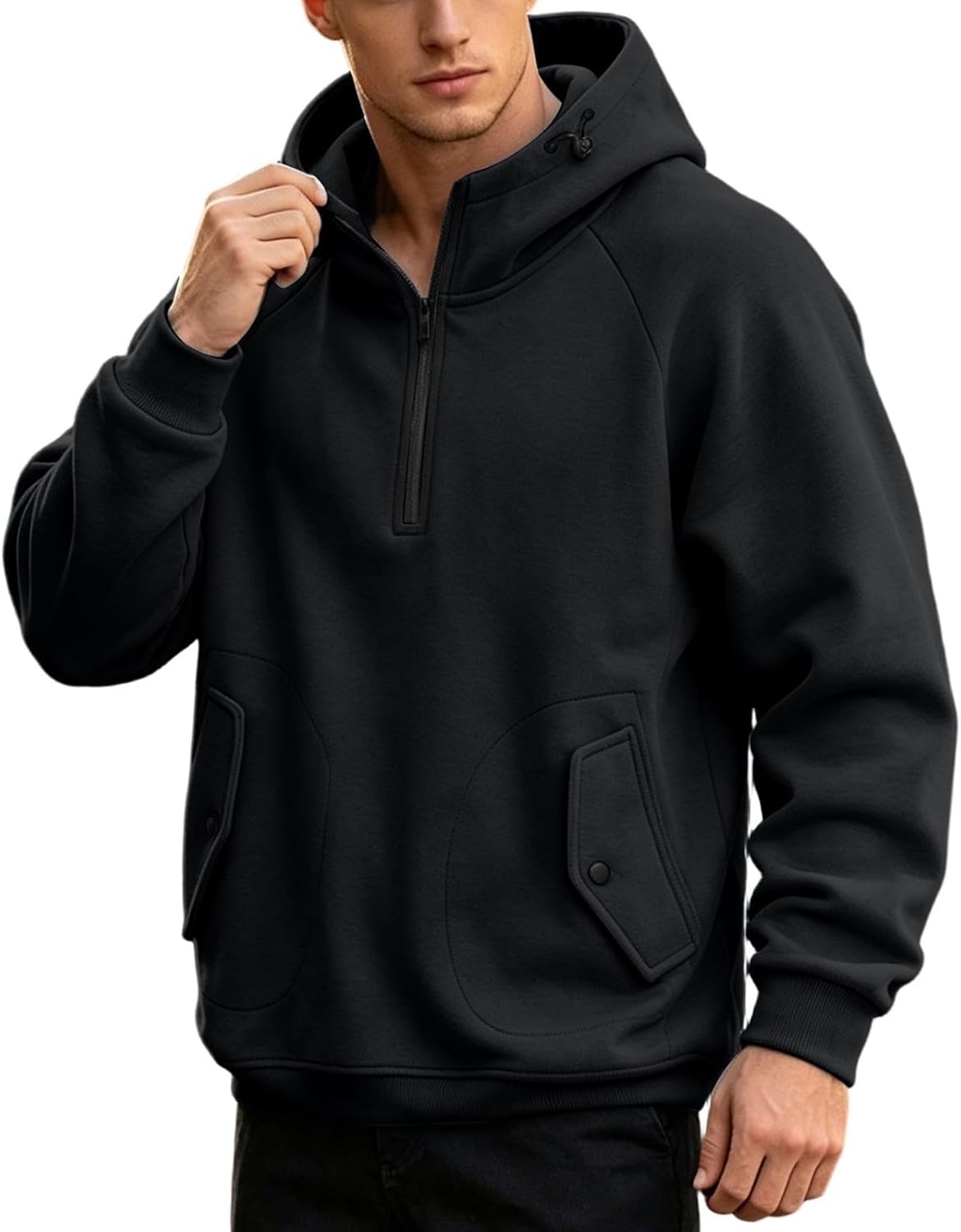 Men Quarter Zip Utility Hoodie,Flap Pocket Streetwear Outdoor Layering Top