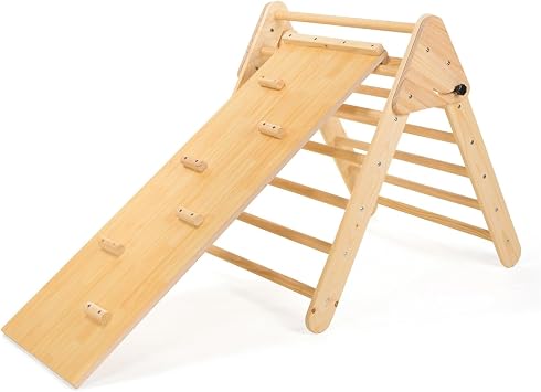 Wooden Climbing Toys 3 in 1 Triangle Set Foldable Climbing Toys for Toddlers with Sliding Ramp and Climbing Arch Ramp Wooden Montessori Climbing Set Indoor Playground Jungle Gym for 2-6 Years Old Kids