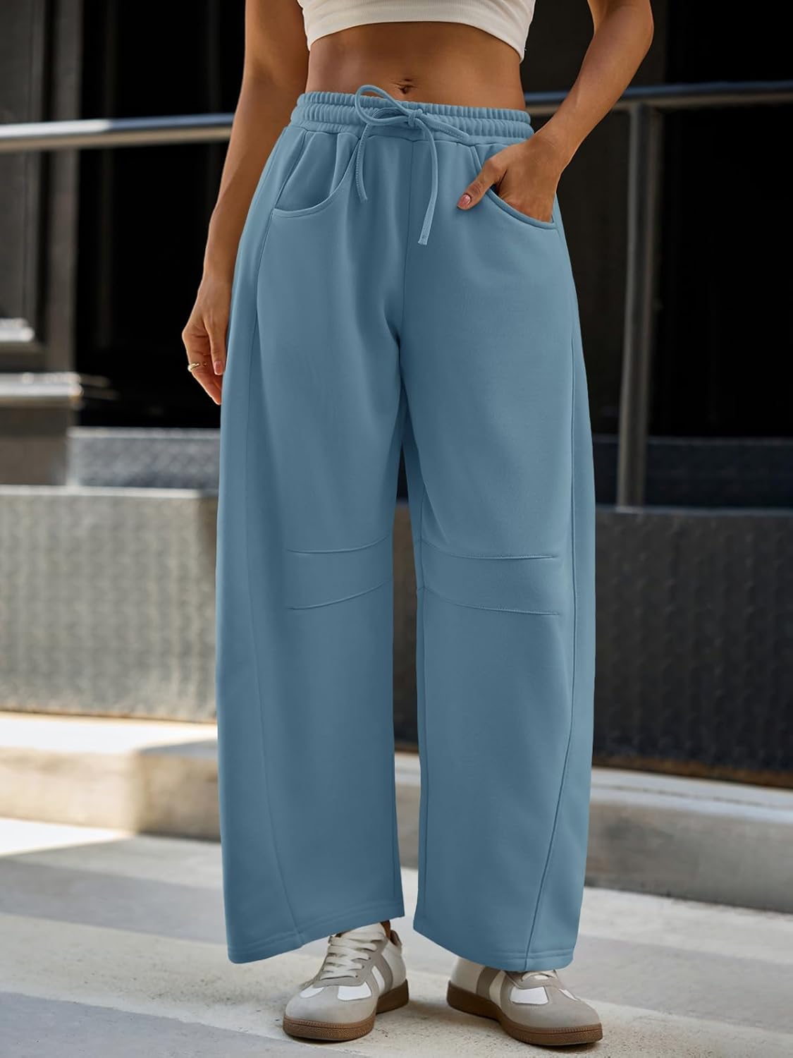 Fisoew Womens Barrel Leg Sweatpant Drawstring Elastic Waisted Wide Leg Pants Casual Active Pants with Pockets - Image 4