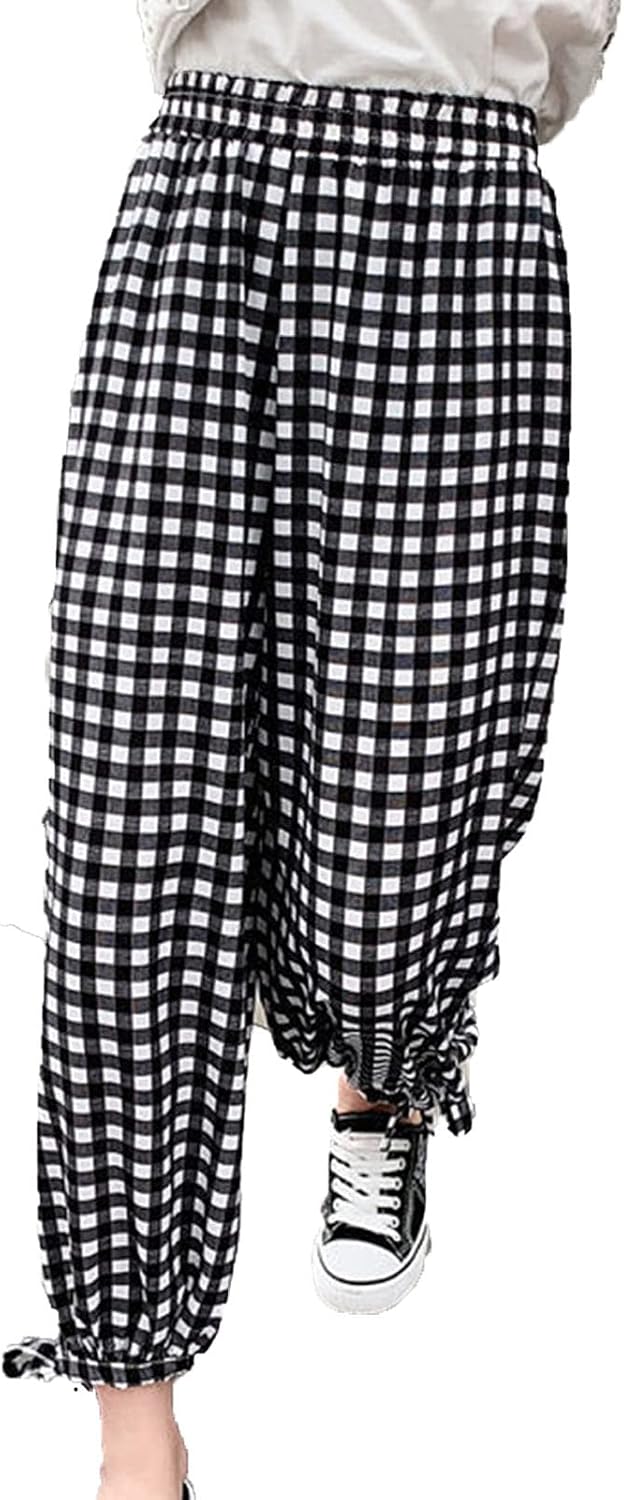 Women's Plaid Polka Dot Loose Casual Pants Workout Sweatpants Elastic Waist Comfy Tie Leg Striped Plaid Long Pants