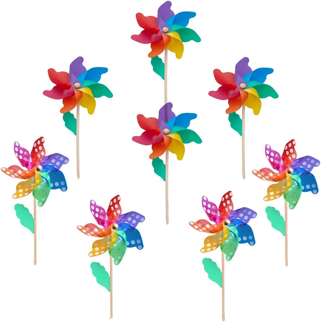 Wooden Stick Pinwheels(Flower Ø 9.5") 7-Color Rainbow/Rainbow Dot Wind Spinners -Pack of 8, Wood Stick/Wand, Wind Spinners Windmill, Party Garden Yard Home decoration Party Favors -20.5x9.5x3.9"