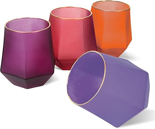 Juego de 4 vasos modernos para beber, agua, jugo, vasos, copas de cóctel de diamantes geométricos de colores soplados a mano, vasos cortos únicos