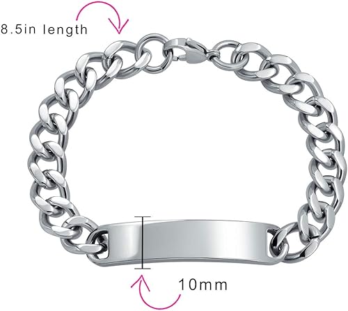 Miniatura 4 de Bling Jewelry Cadena de eslabones cubanos chapada en nombre de identificación para hombre, nombre personalizado, grabado en tono plateado, acero