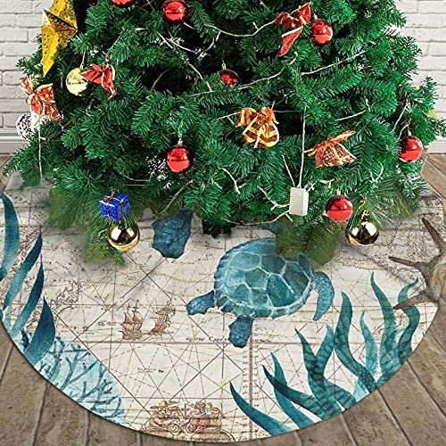 Marine Life Theme Sea Turtle Christmas Tree Skirt 48 Inches Large Xmas Tree Mat Tree Skirts Traditional Tree Ornaments For Festive Holiday Christmas Party Decorations #TOP5