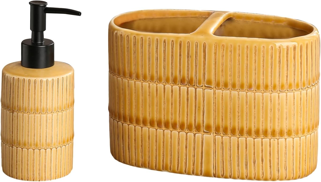 2-Piece Bathroom Ceramic Bathroom Accessories Set, Imitation Brick Design Bathroom Accessories Set, Equipped with Lotion Dispenser/soap Pump, Multi-Function Toothbrush Holder