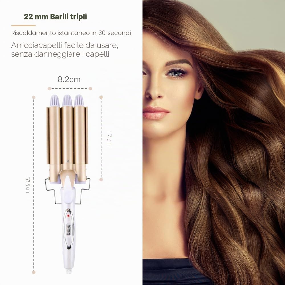 3 Tubi Piastra Onde Ferro Arricciacapelli, Reyke Professionale Ceramica Capelli 3 Rami, Temperatura Regolabile per Acconciature Effetto Riccio e Ondulati 22mm